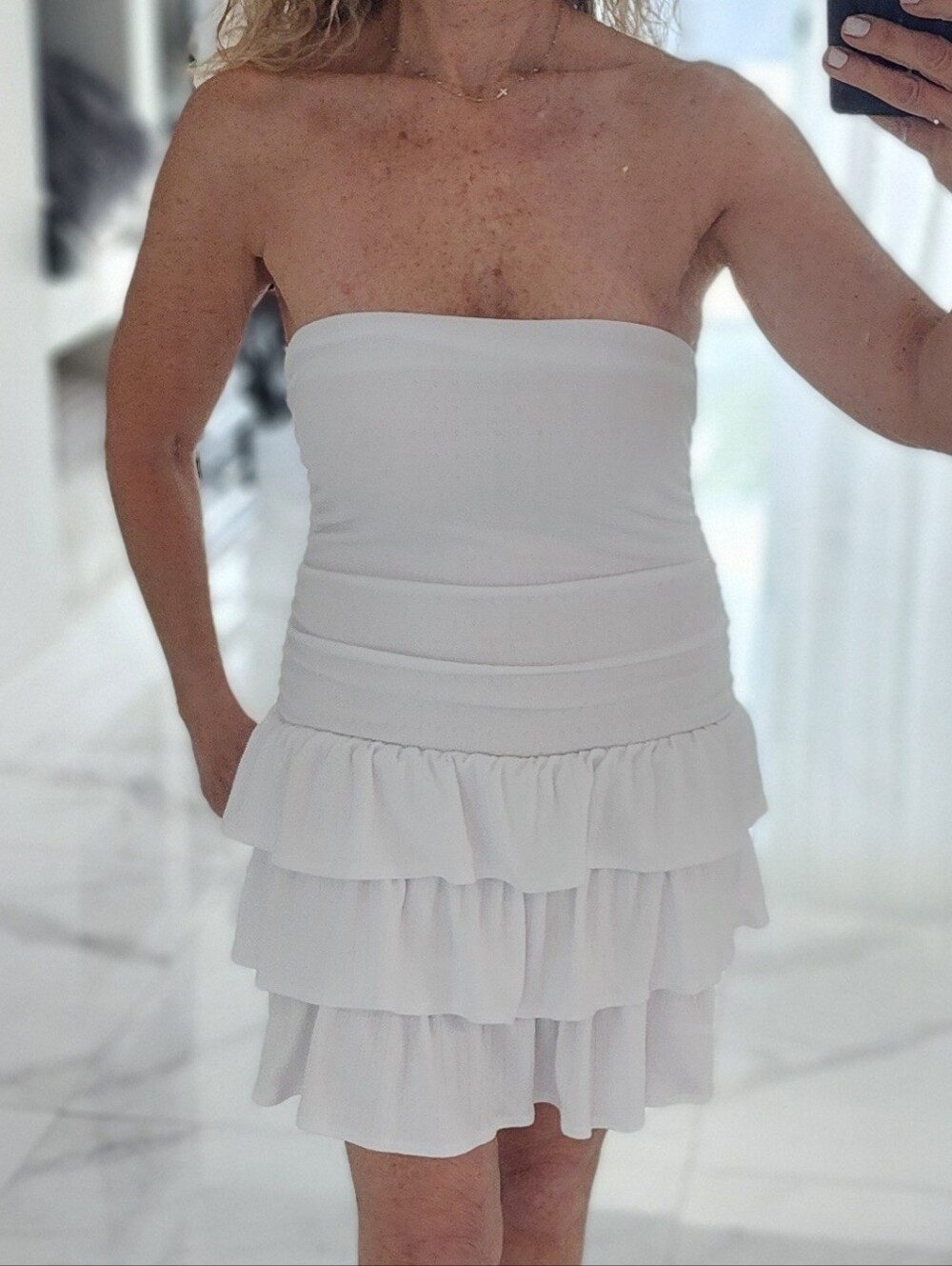 White Strapless Ruffle Tiered Dress